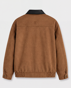 Contrast-Collar Suede Jacket — Brown, product back