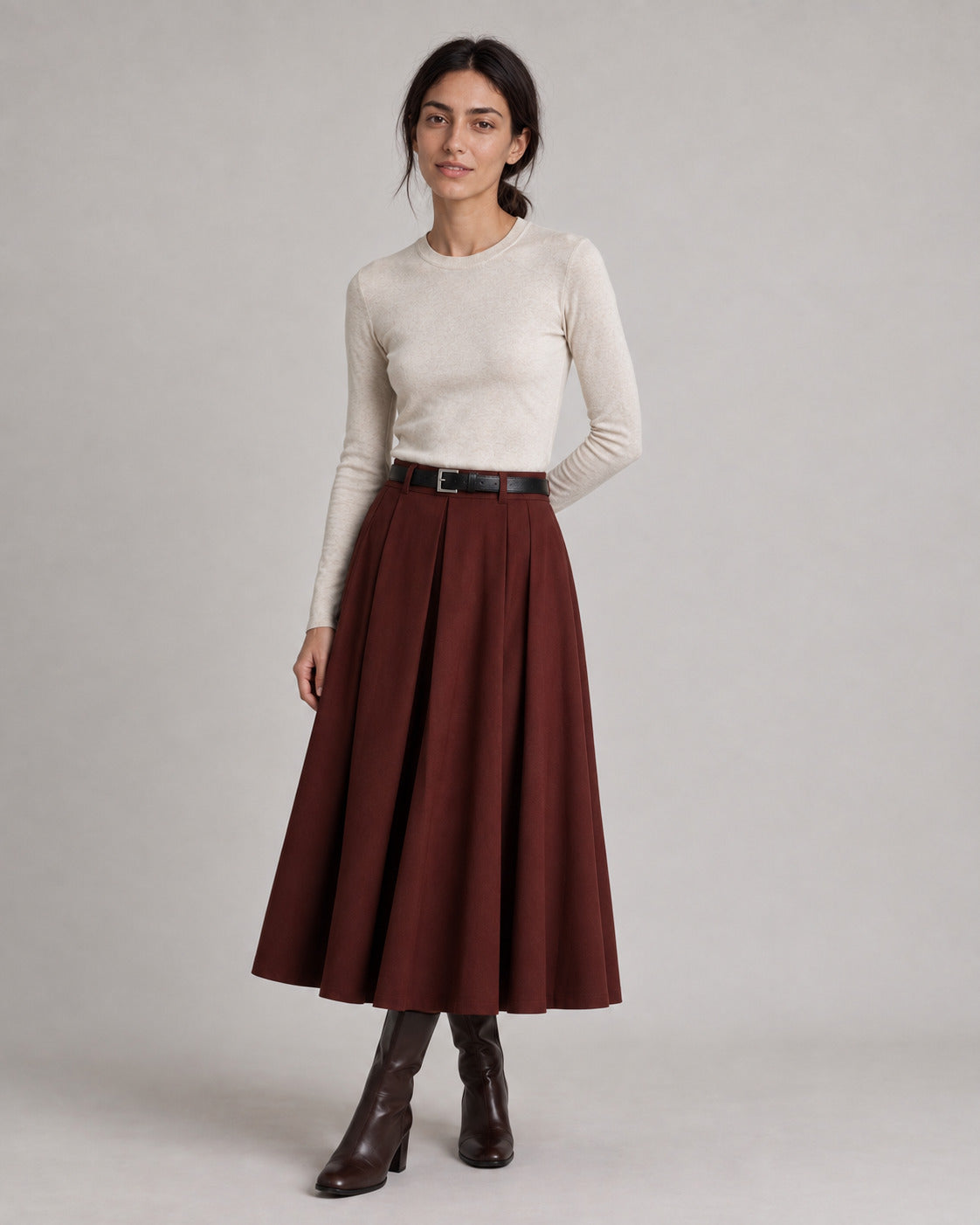 Wool-Look Pleated Midi Skirt — Burgundy, model main view