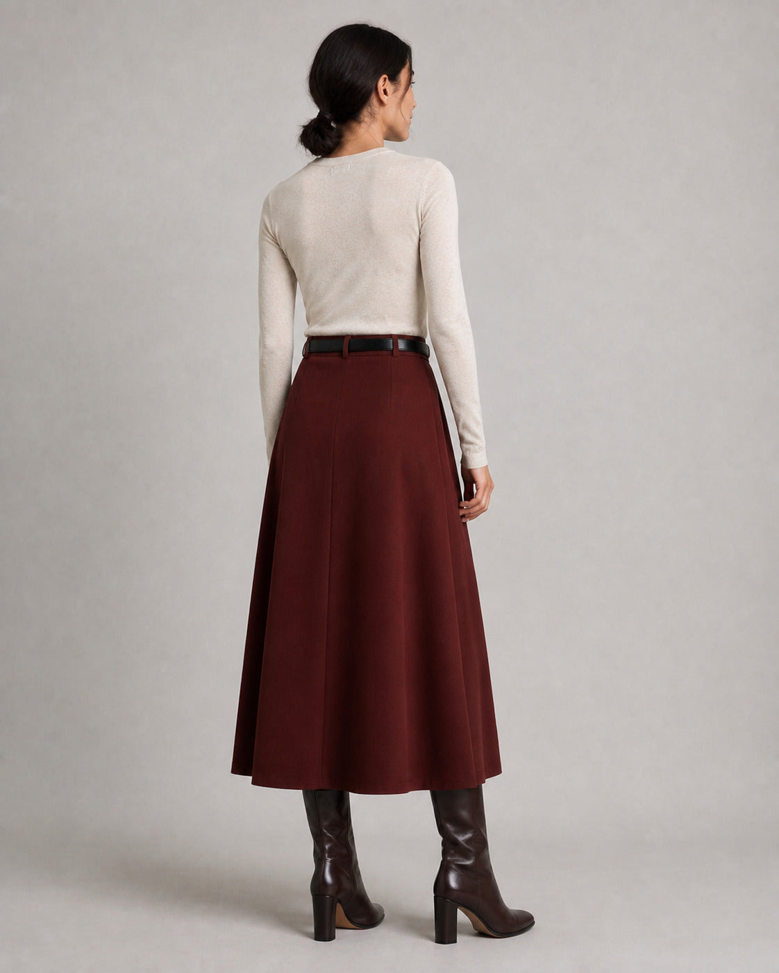 Wool-Look Pleated Midi Skirt — Burgundy, model back view