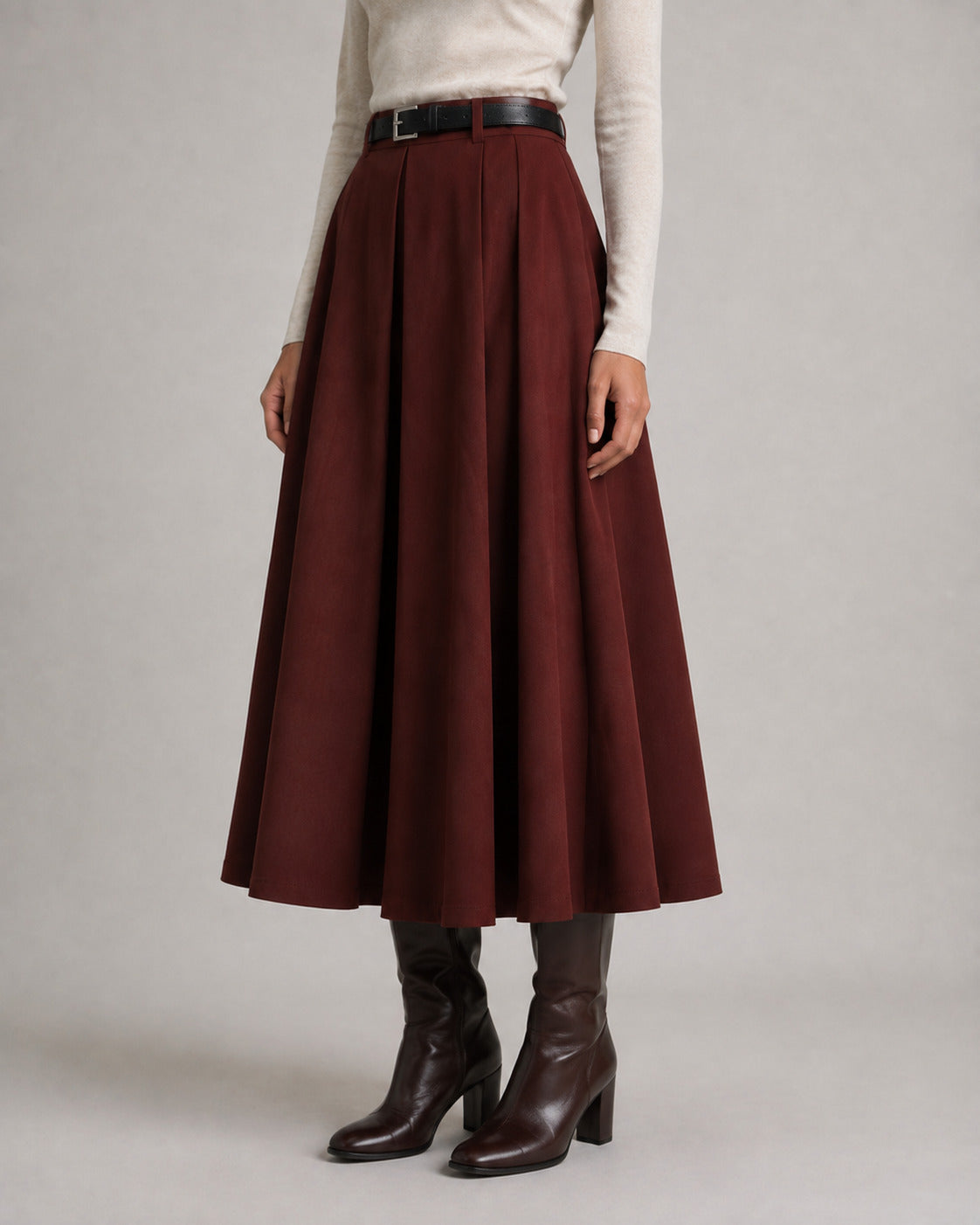Wool-Look Pleated Midi Skirt — Burgundy, model close view