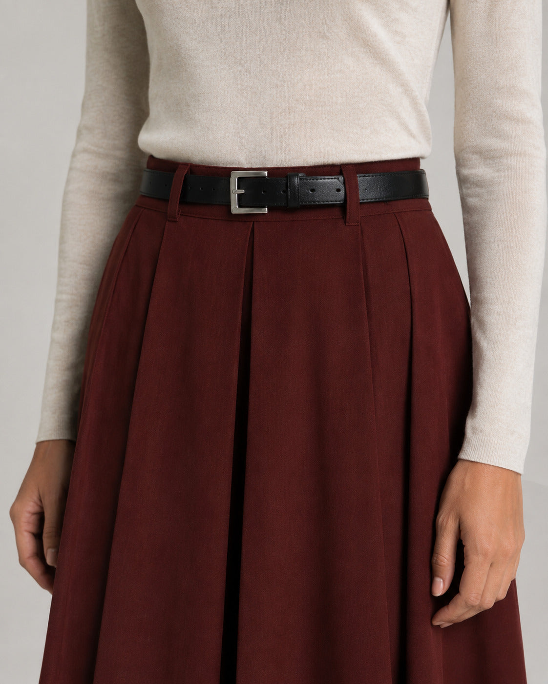 Wool-Look Pleated Midi Skirt — Burgundy, model detail