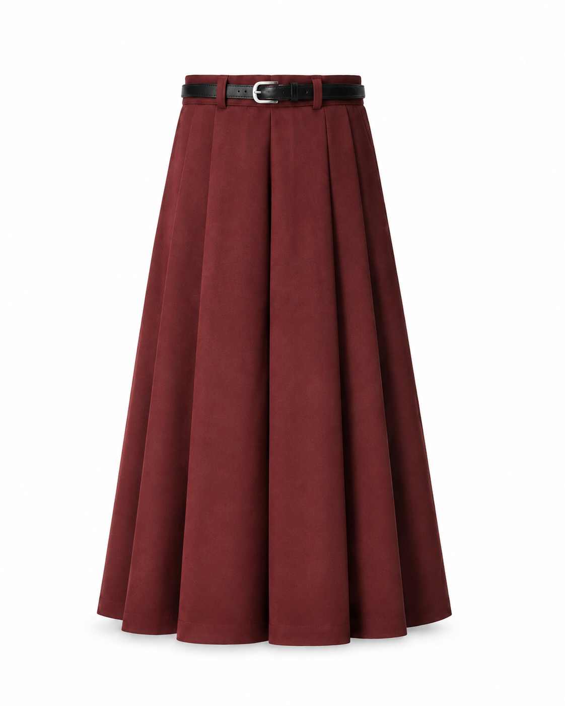 Wool-Look Pleated Midi Skirt — Burgundy, product front