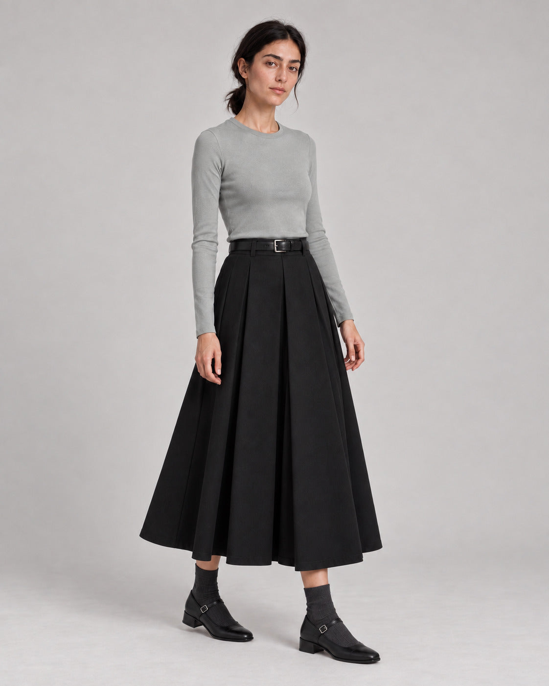 Wool-Look Pleated Midi Skirt — Black, model main view