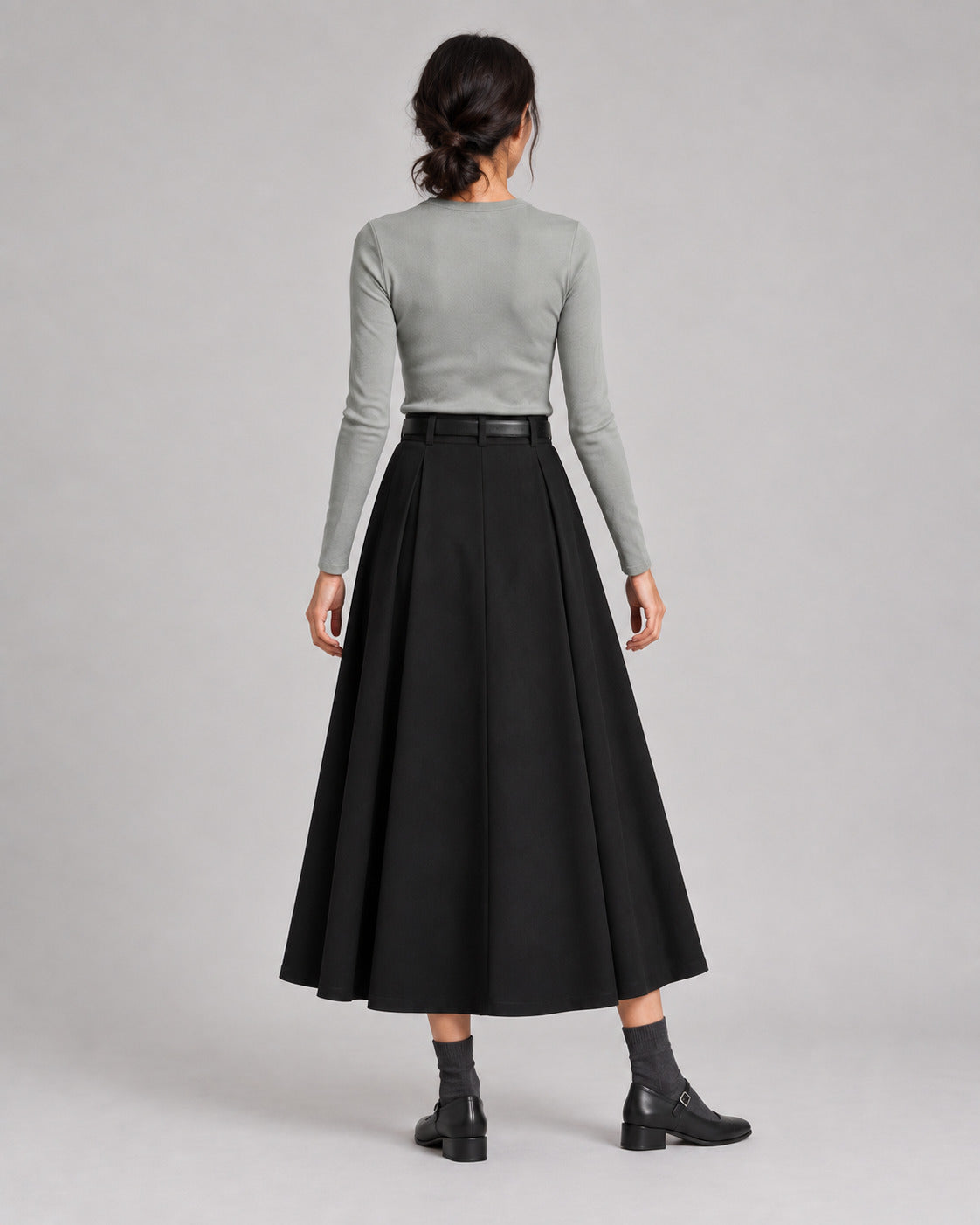 Wool-Look Pleated Midi Skirt — Black, model back view