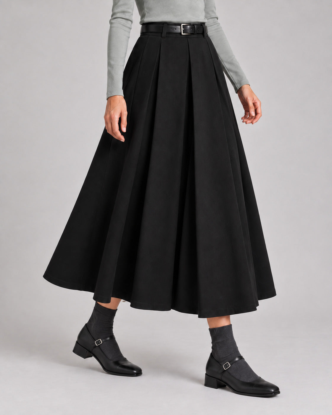Wool-Look Pleated Midi Skirt — Black, model close view