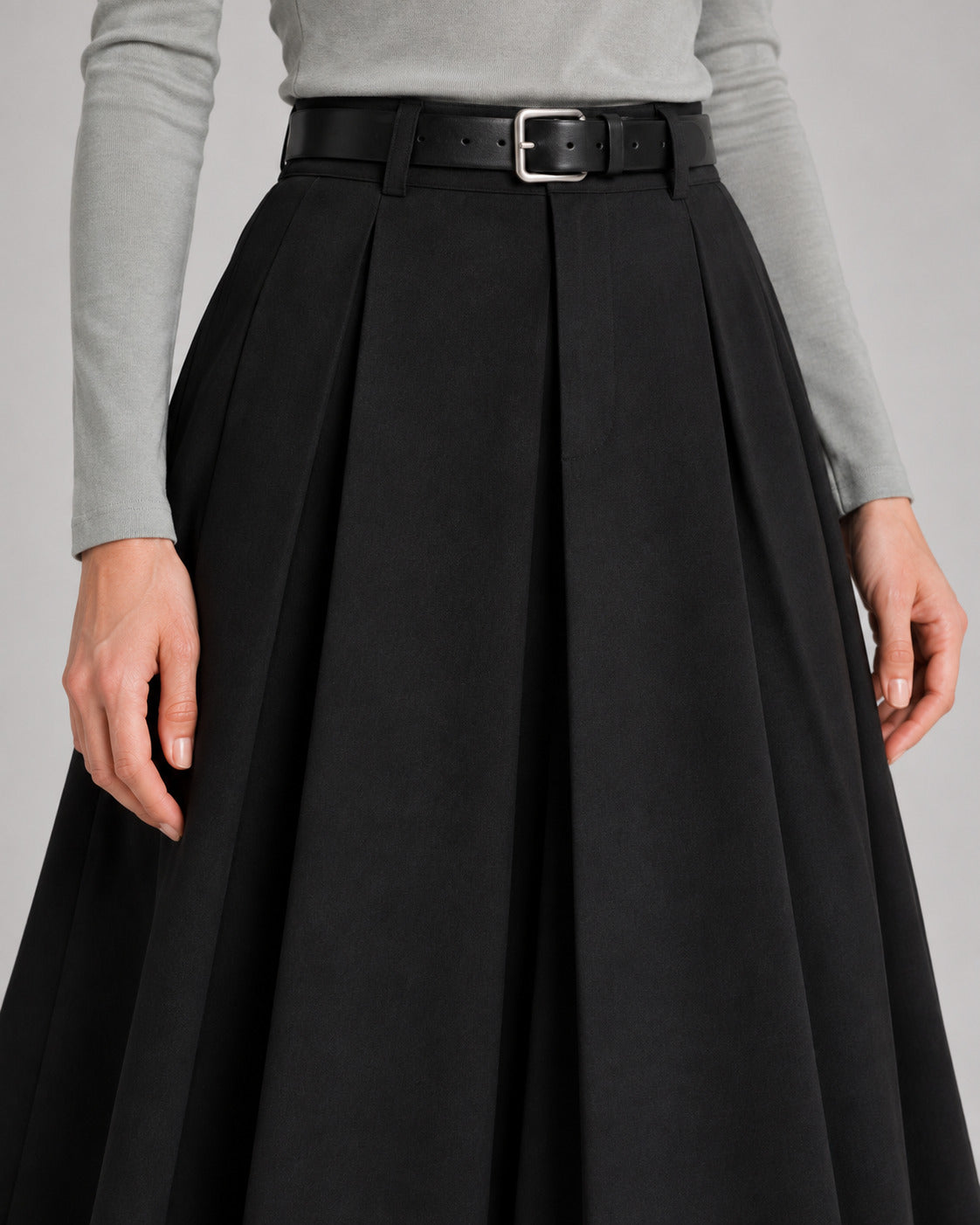 Wool-Look Pleated Midi Skirt — Black, model detail