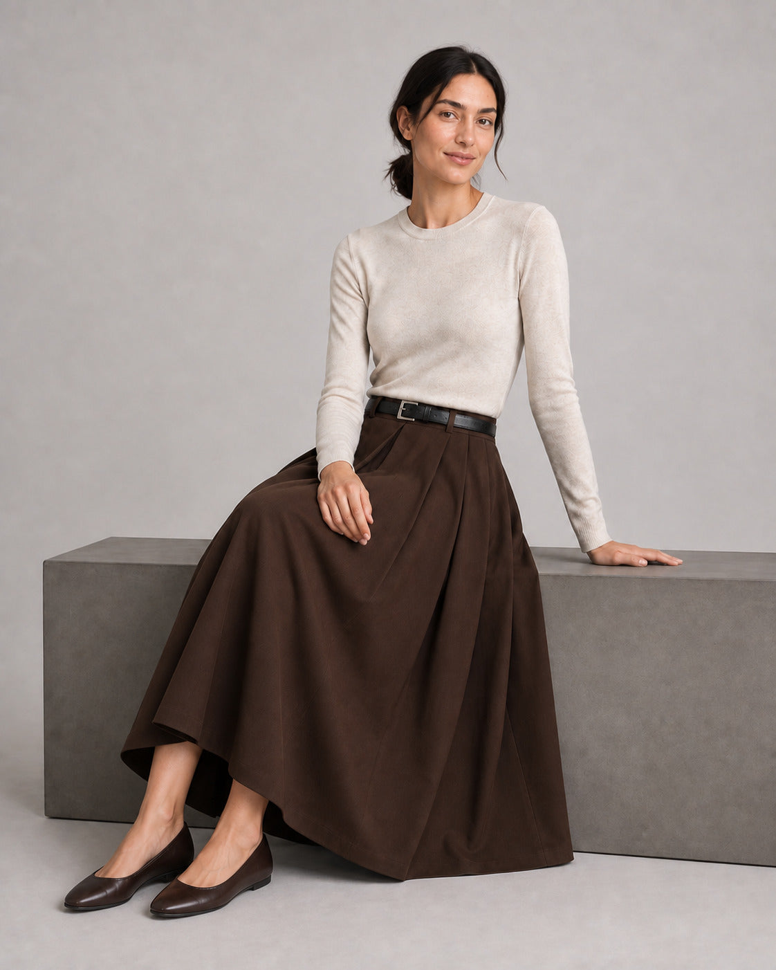 Wool-Look Pleated Midi Skirt — Coffee Brown, model main view