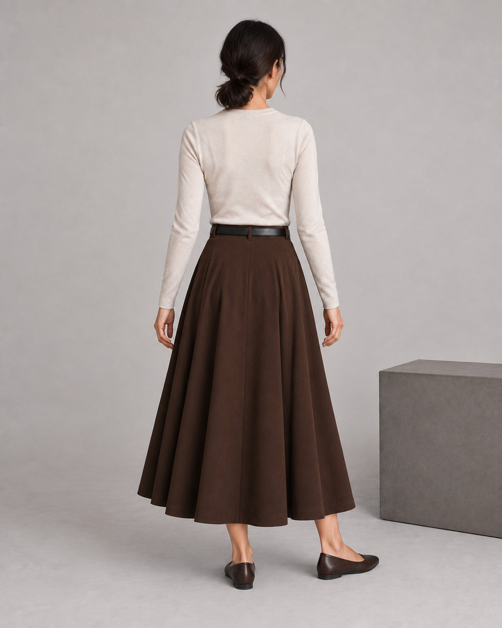 Wool-Look Pleated Midi Skirt — Coffee Brown, model back view