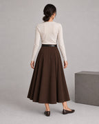 Wool-Look Pleated Midi Skirt — Coffee Brown, model back view