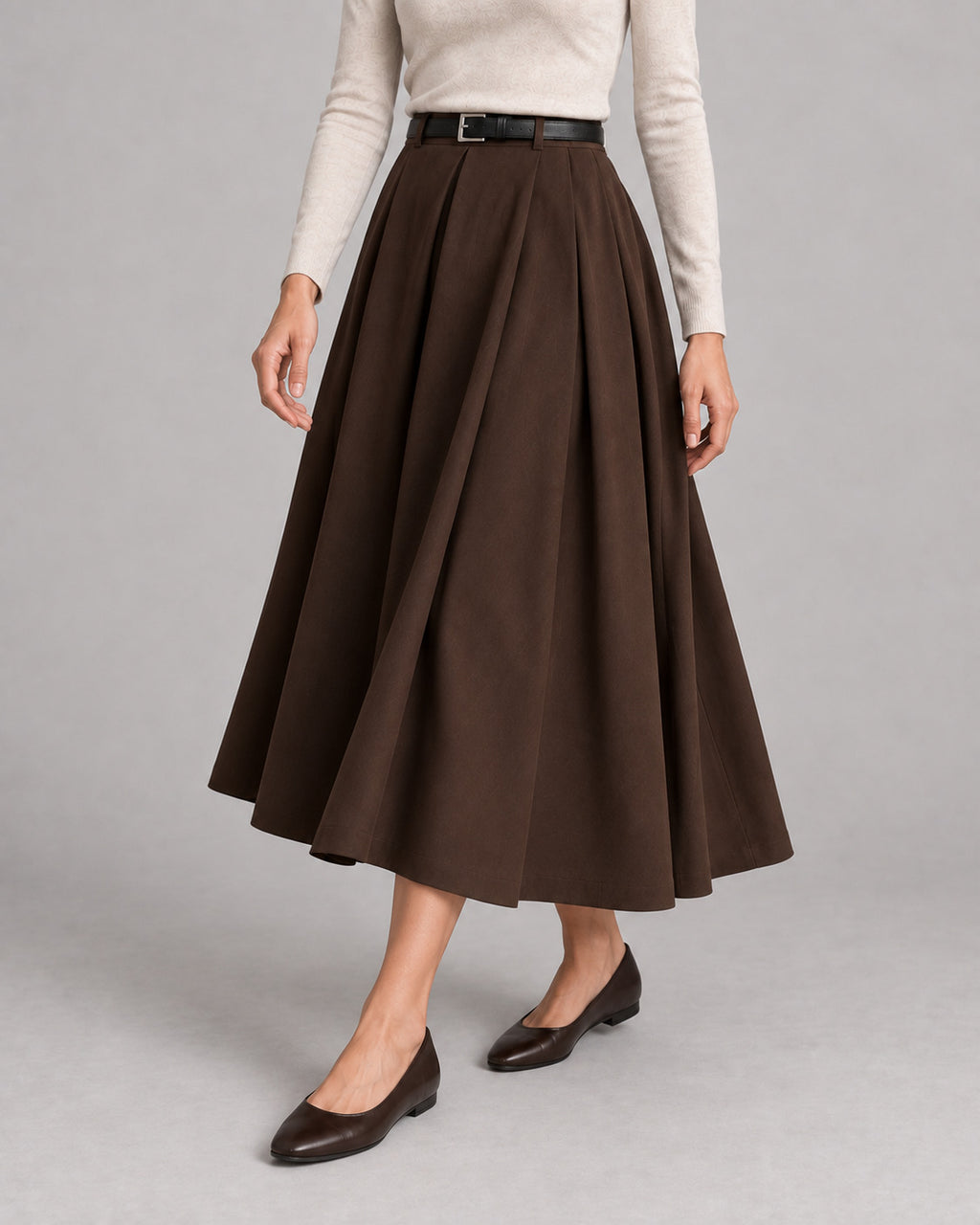 Wool-Look Pleated Midi Skirt — Coffee Brown, model close view