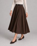 Wool-Look Pleated Midi Skirt — Coffee Brown, model close view