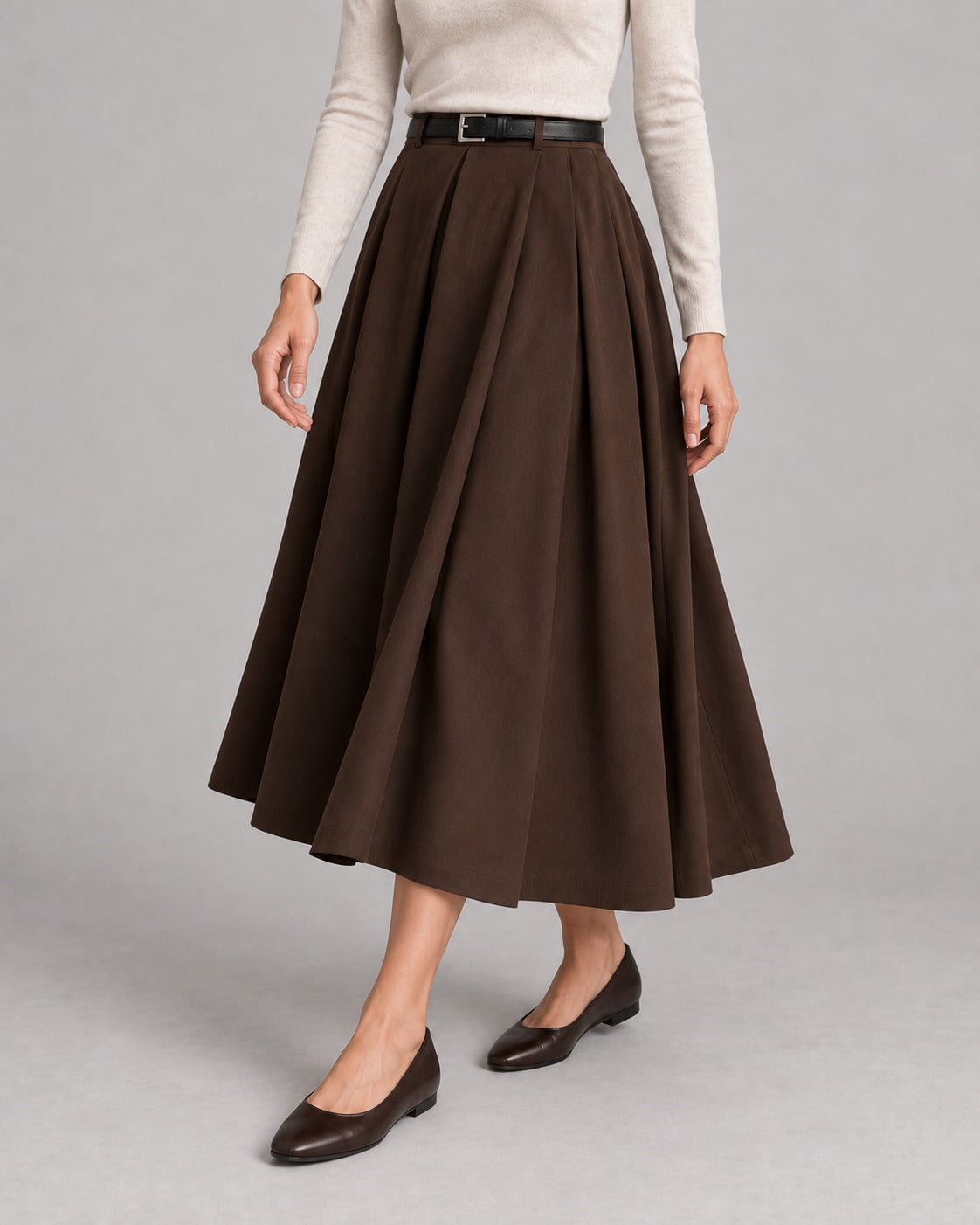 Wool-Look Pleated Midi Skirt — Coffee Brown, model close view