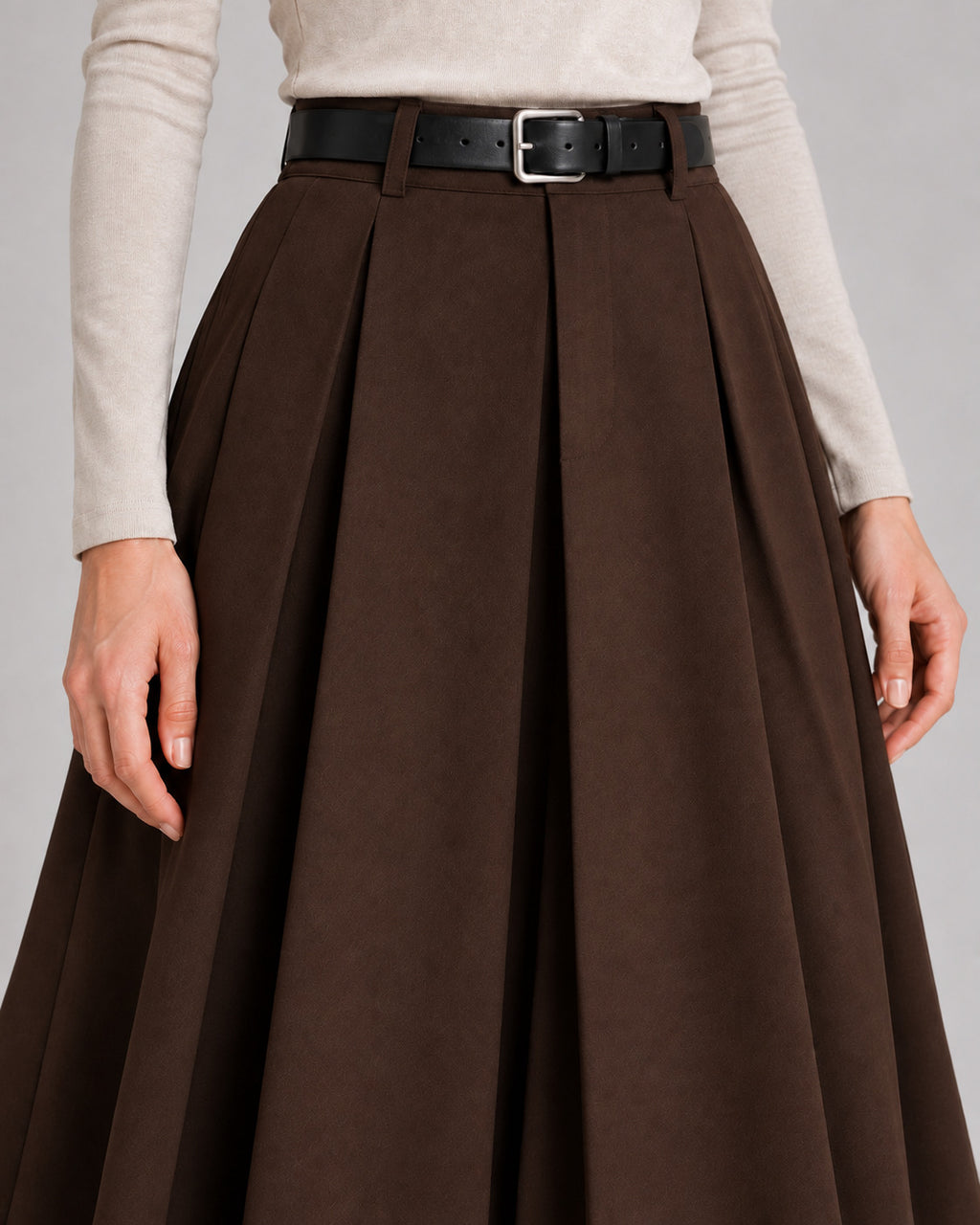 Wool-Look Pleated Midi Skirt — Coffee Brown, model detail
