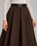 Wool-Look Pleated Midi Skirt — Coffee Brown, model detail