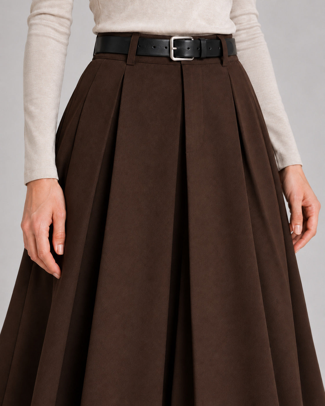Wool-Look Pleated Midi Skirt — Coffee Brown, model detail