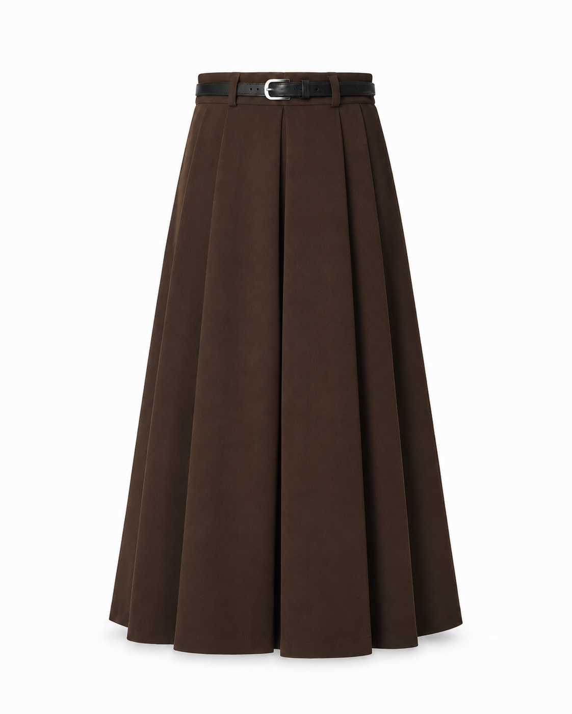 Wool-Look Pleated Midi Skirt — Coffee Brown, product front