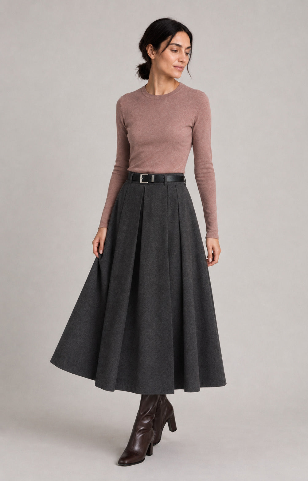 Wool-Look Pleated Midi Skirt — Charcoal Gray, model main view