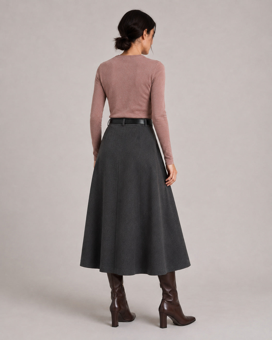 Wool-Look Pleated Midi Skirt — Charcoal Gray, model back view