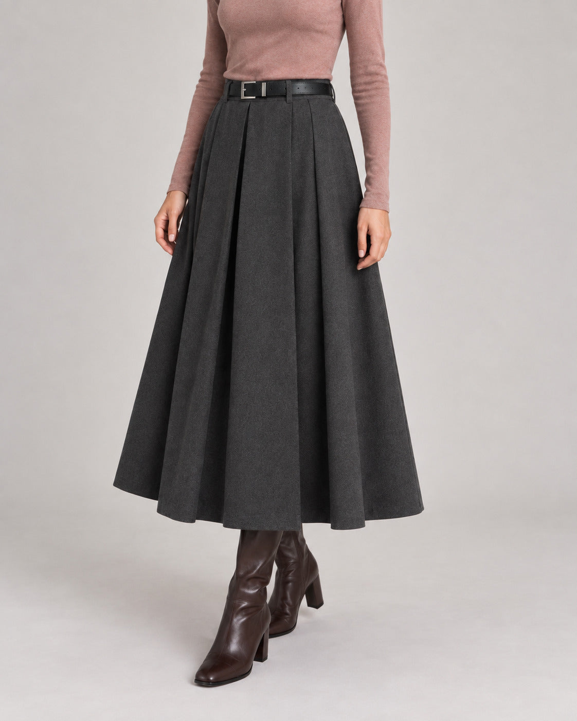 Wool-Look Pleated Midi Skirt — Charcoal Gray, model close view