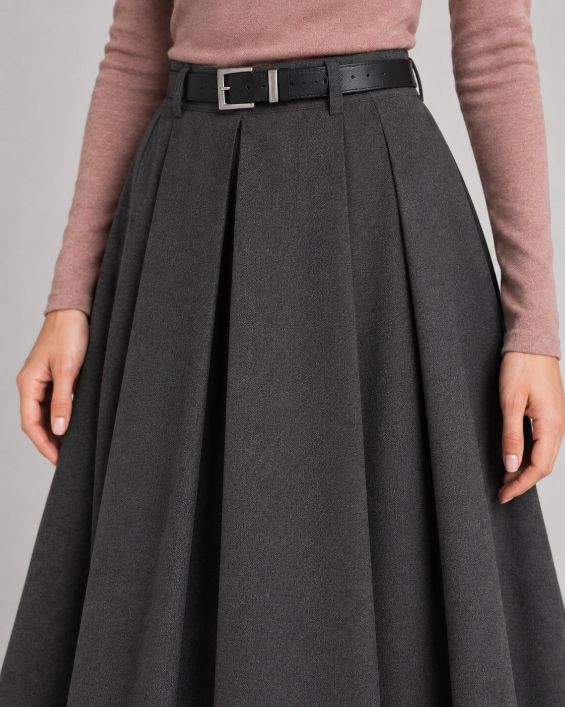 Wool-Look Pleated Midi Skirt — Charcoal Gray, model detail