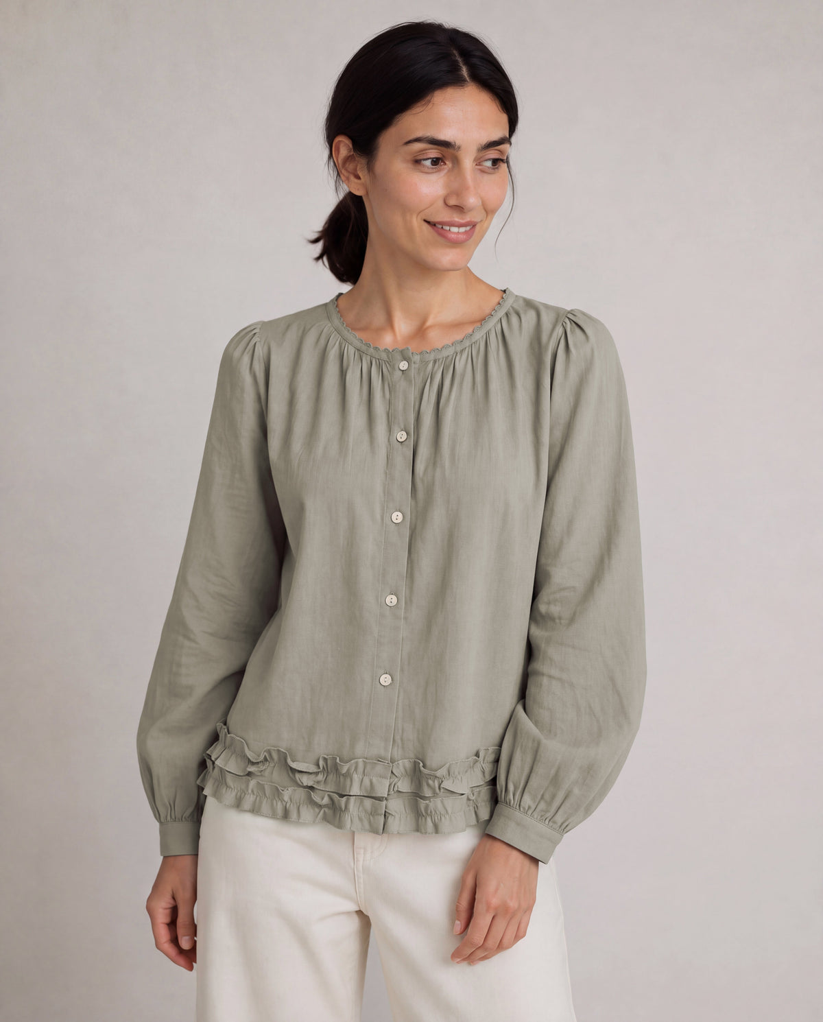 Lace-Trim Puff Sleeve Blouse — Sage Gray, model main view