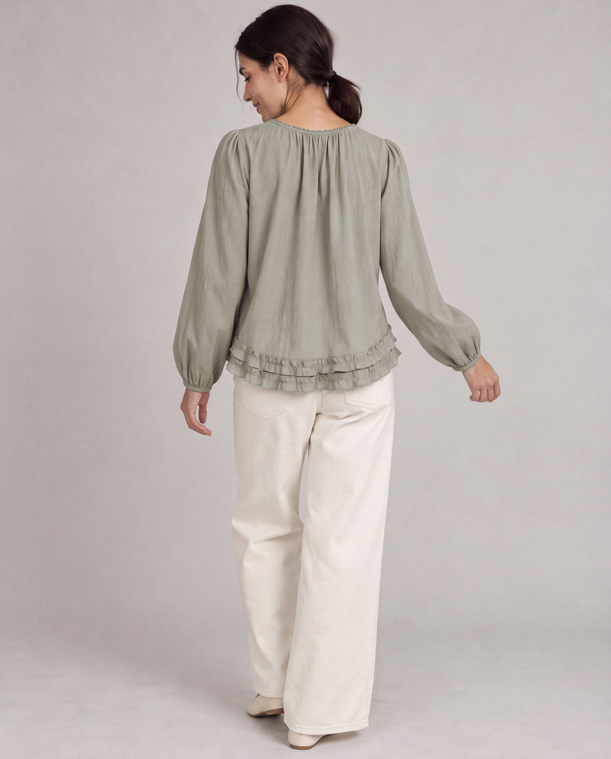 Lace-Trim Puff Sleeve Blouse — Sage Gray, model back view