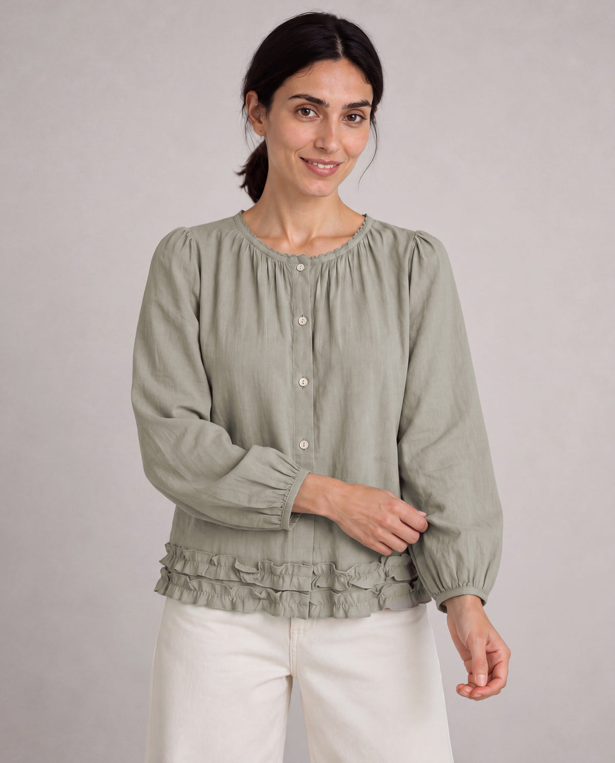 Lace-Trim Puff Sleeve Blouse — Sage Gray, model close view