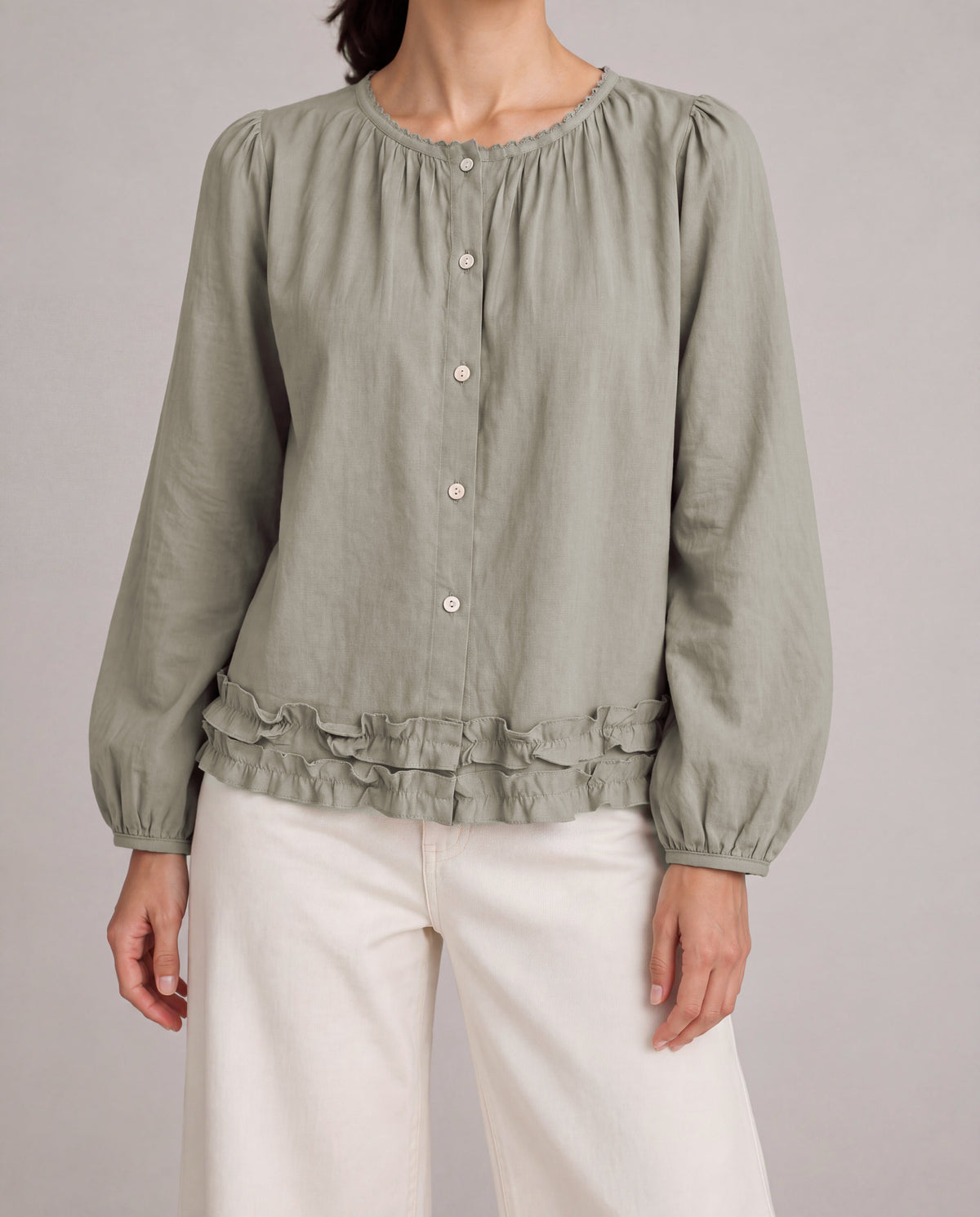 Lace-Trim Puff Sleeve Blouse — Sage Gray, model detail