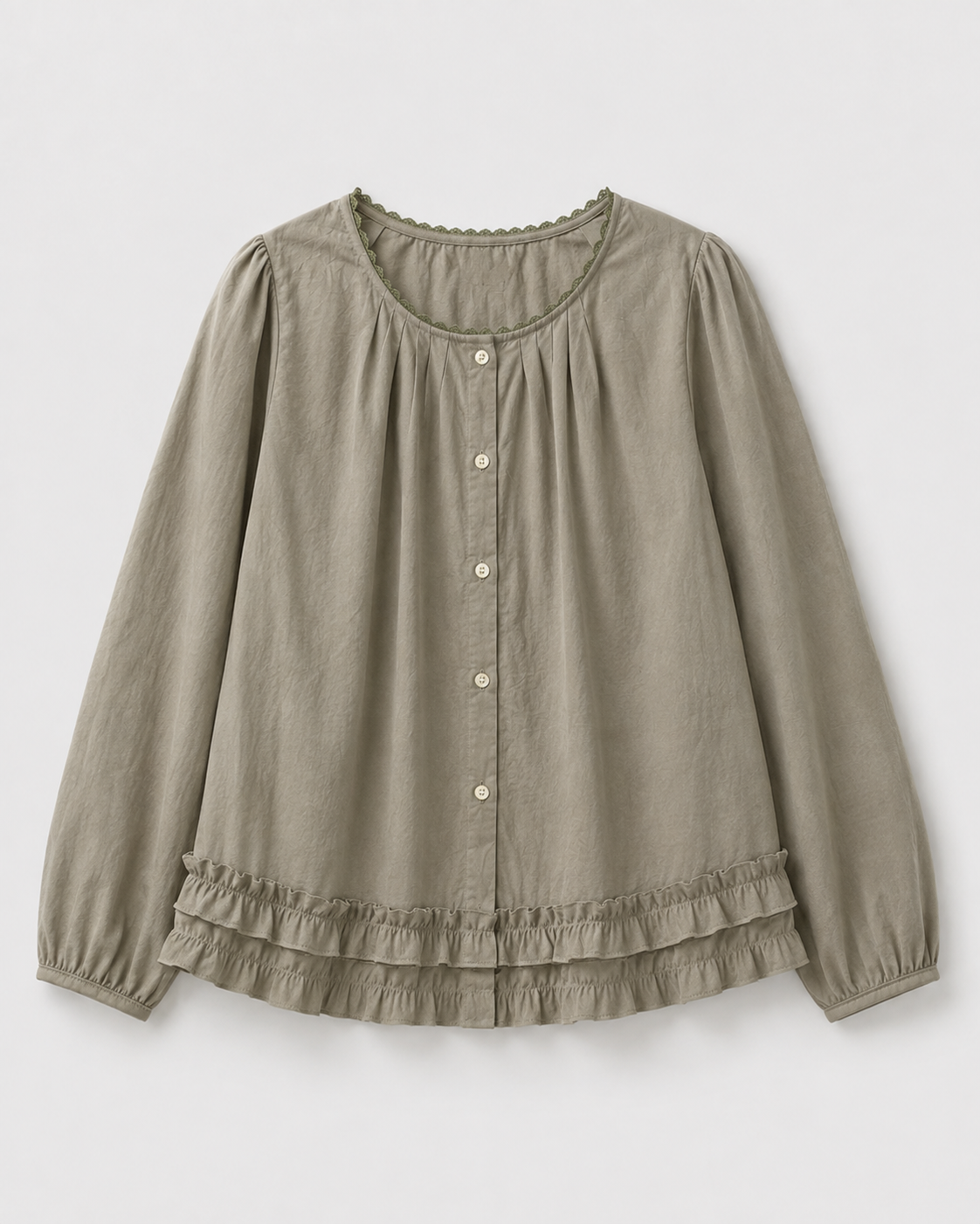 Lace-Trim Puff Sleeve Blouse — Sage Gray, product front