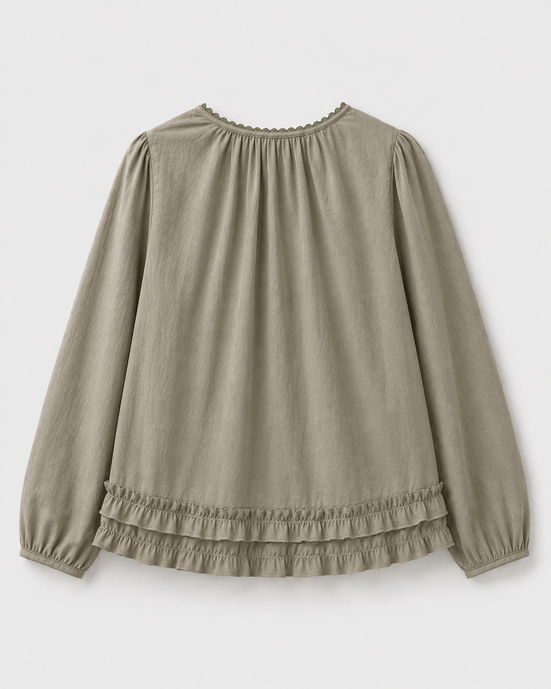 Lace-Trim Puff Sleeve Blouse — Sage Gray, product back
