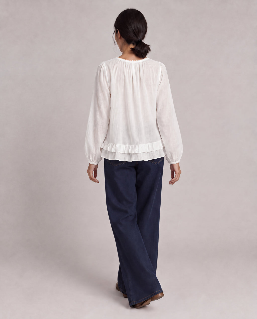 Lace-Trim Puff Sleeve Blouse — White, model back view