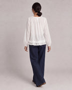 Lace-Trim Puff Sleeve Blouse — White, model back view