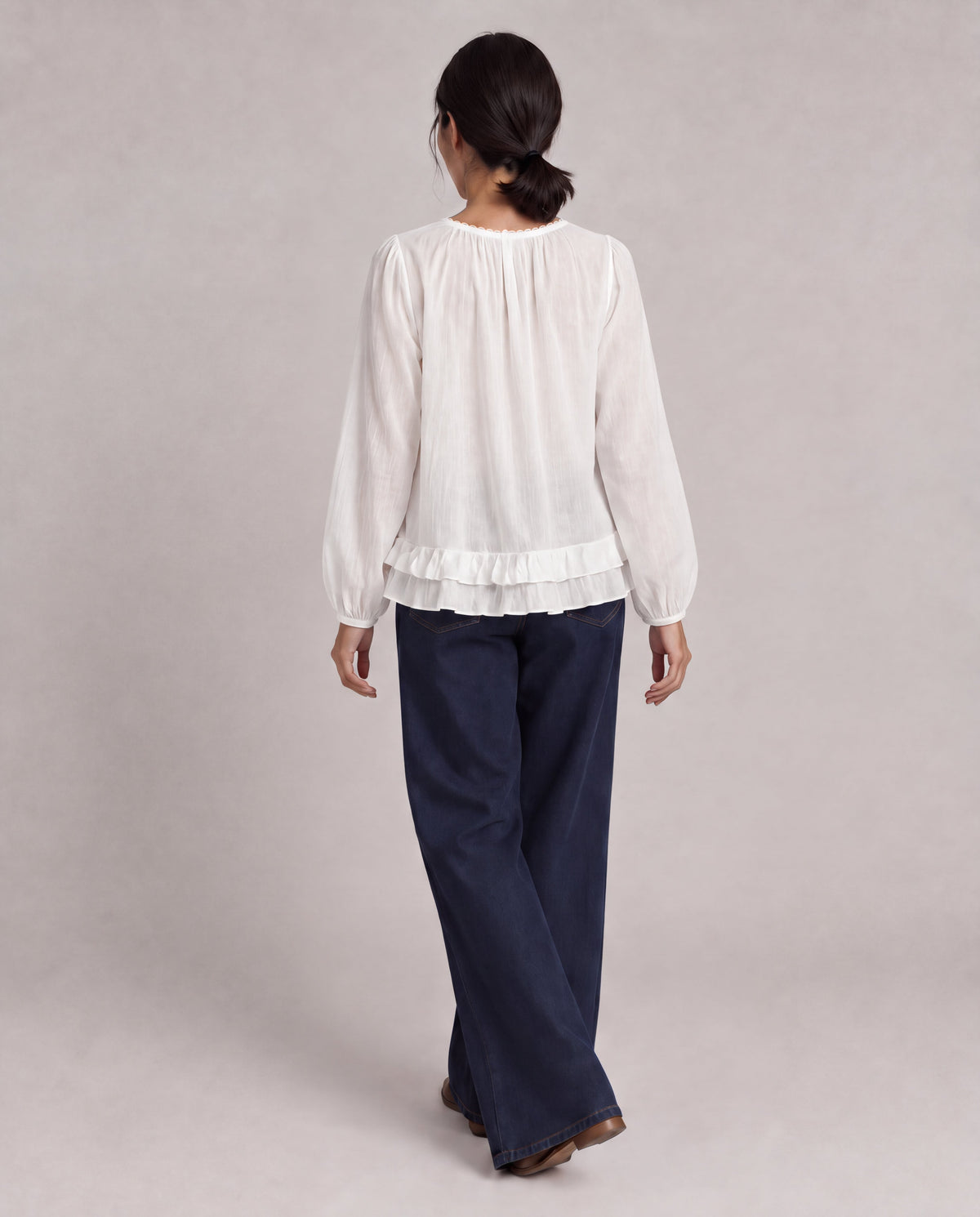 Lace-Trim Puff Sleeve Blouse — White, model back view