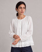 Lace-Trim Puff Sleeve Blouse — White, model close view