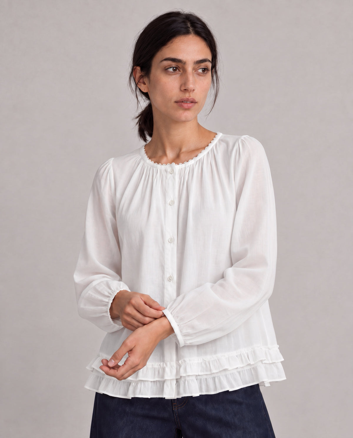 Lace-Trim Puff Sleeve Blouse — White, model close view
