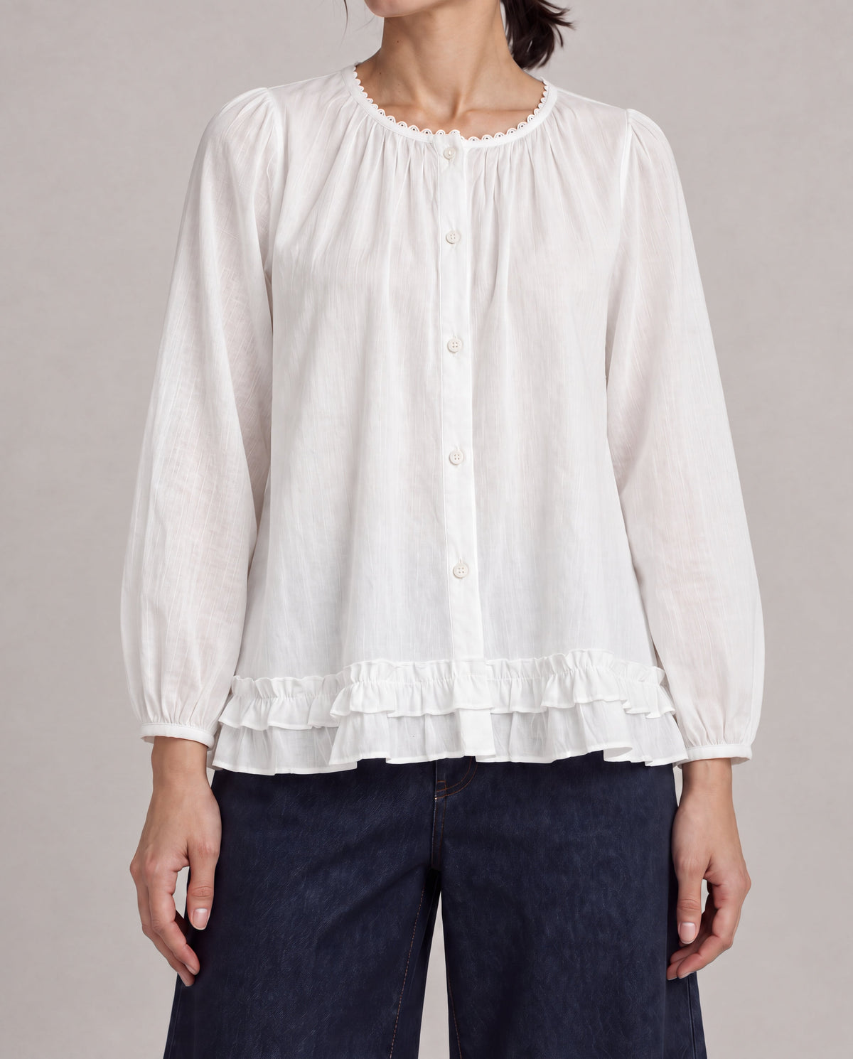 Lace-Trim Puff Sleeve Blouse — White, model detail