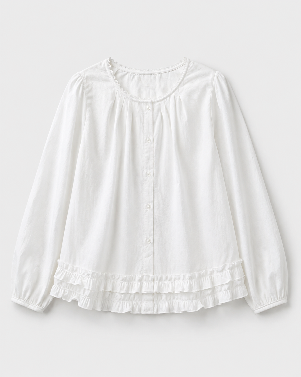 Lace-Trim Puff Sleeve Blouse — White, product front