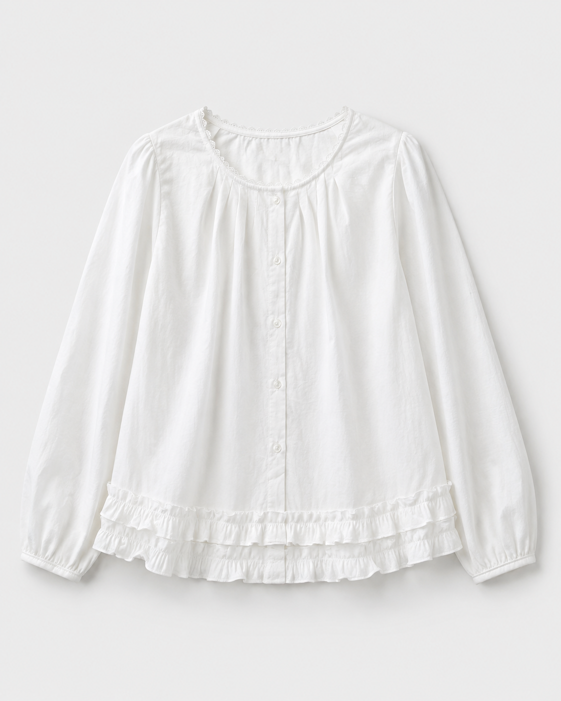 Lace-Trim Puff Sleeve Blouse — White, product front