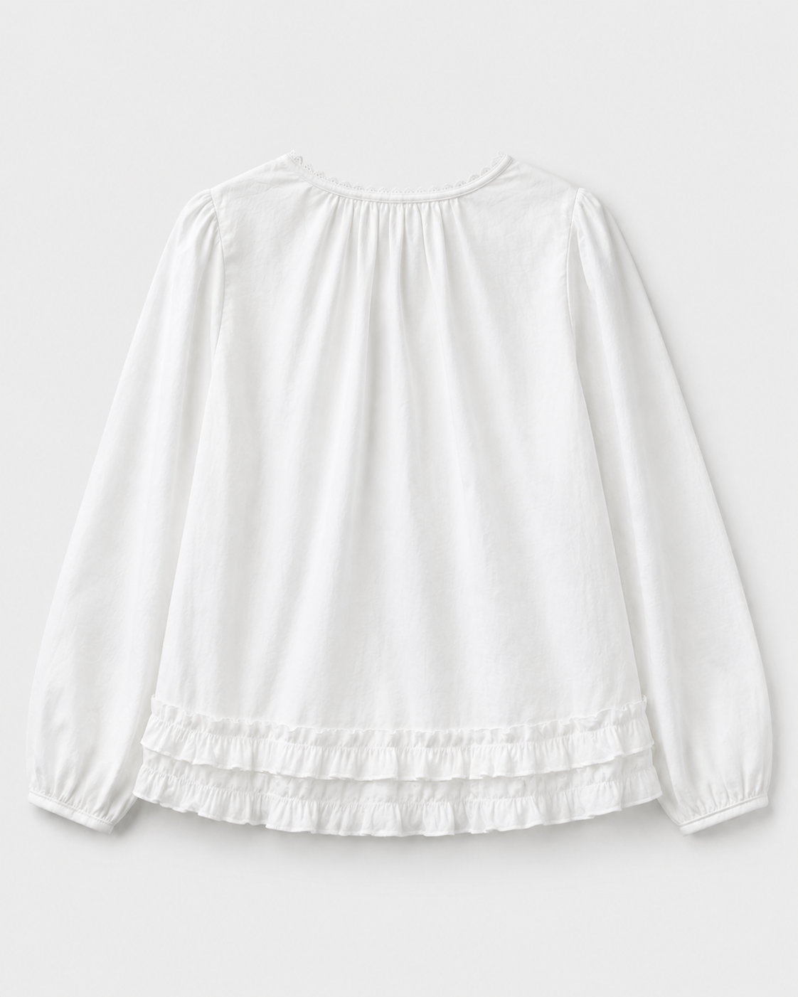 Lace-Trim Puff Sleeve Blouse — White, product back