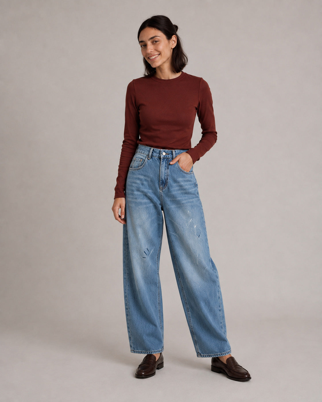 Distressed Barrel-Leg Wide-Leg Jeans — Washed Blue, model main view