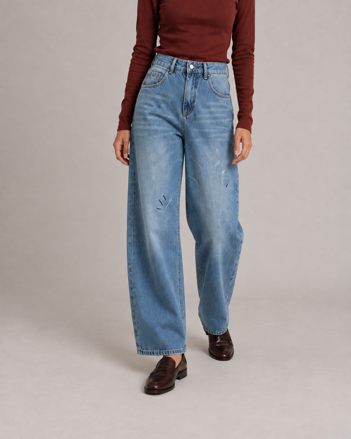 Distressed Barrel-Leg Wide-Leg Jeans — Washed Blue, model close view