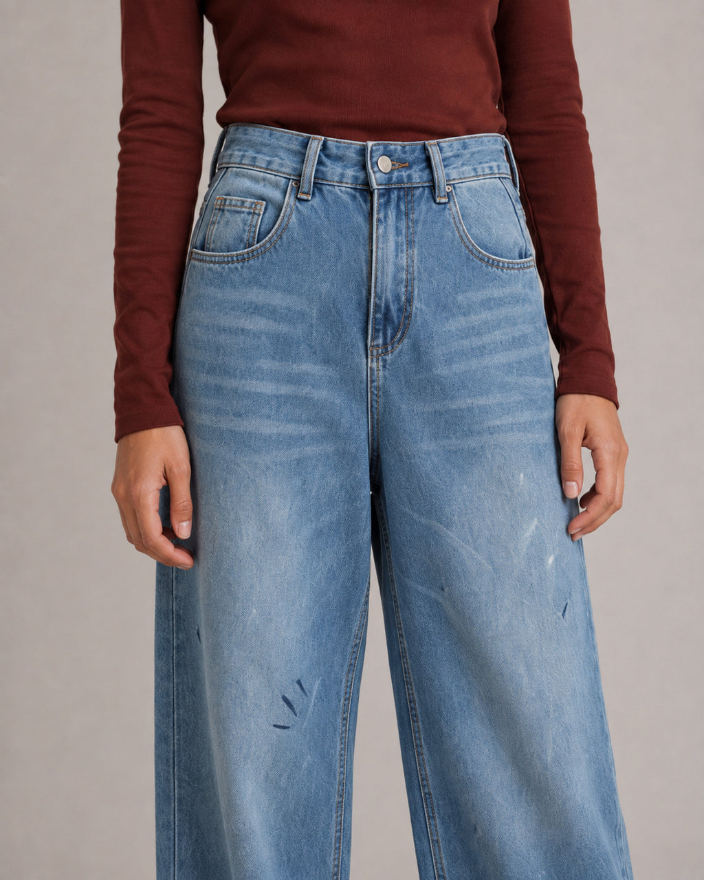 Distressed Barrel-Leg Wide-Leg Jeans — Washed Blue, model detail