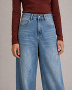 Distressed Barrel-Leg Wide-Leg Jeans — Washed Blue, model detail