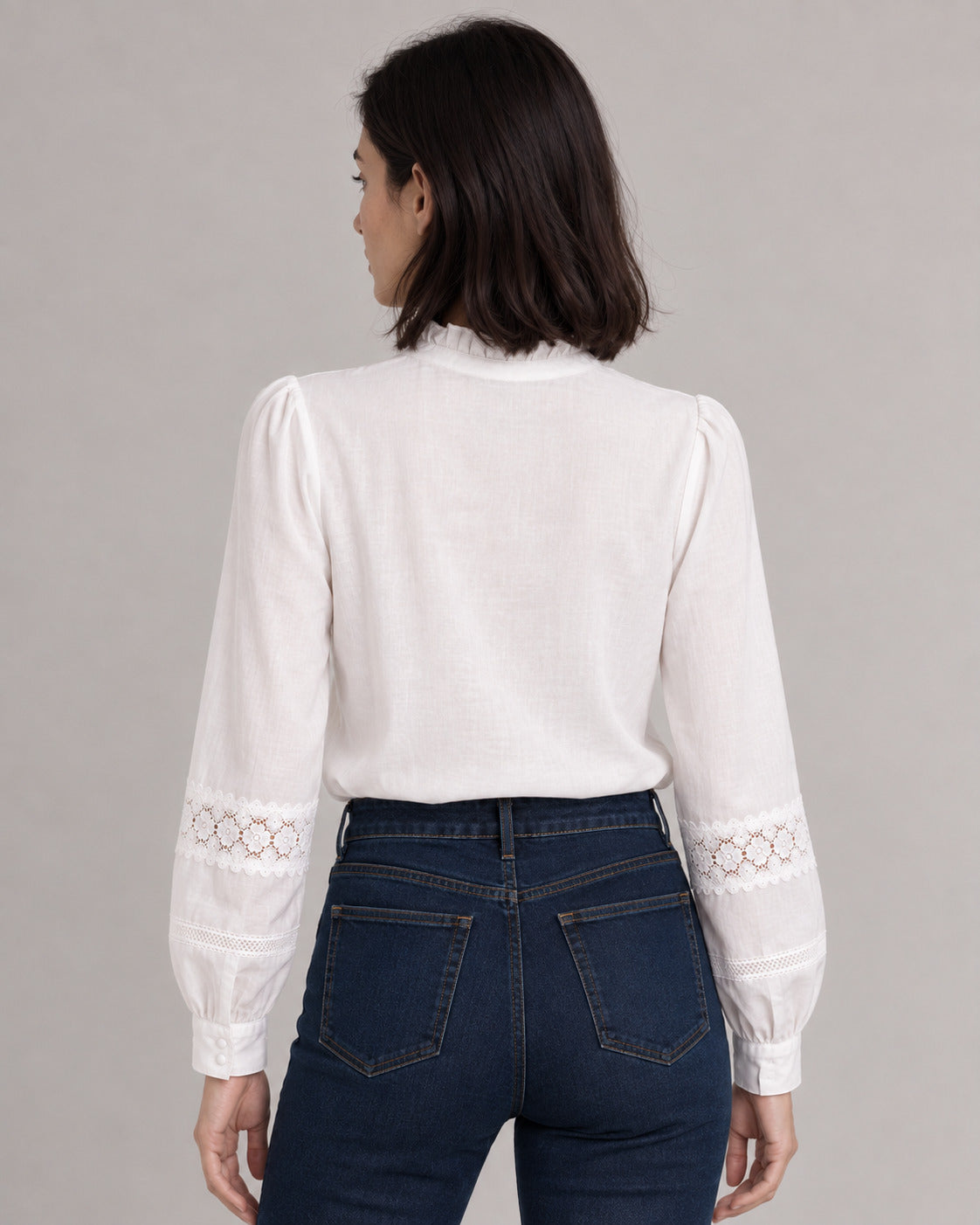 Lace-Trim Stand-Collar Blouse — White, model back view