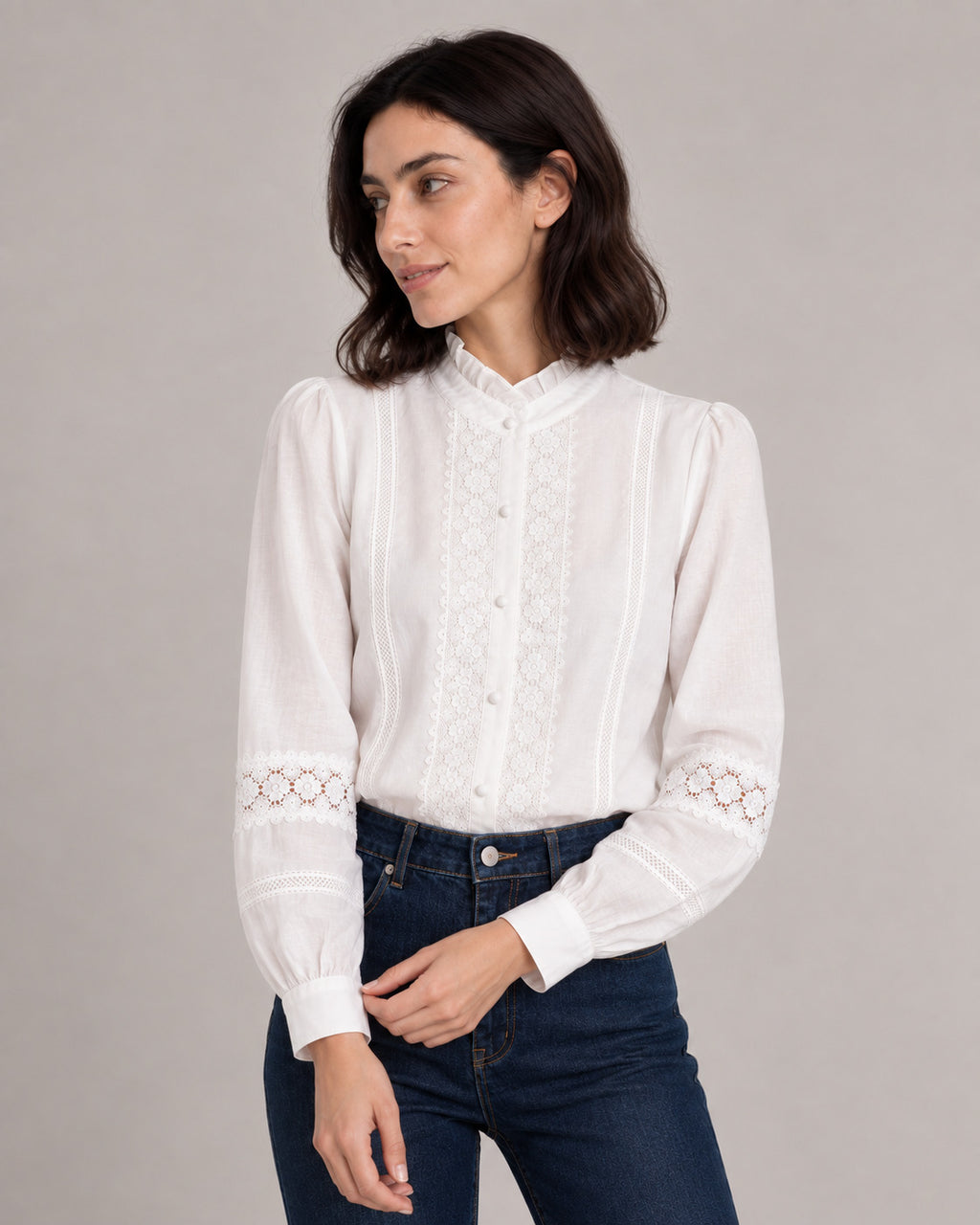 Lace-Trim Stand-Collar Blouse — White, model close view
