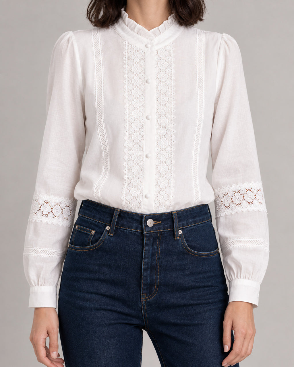 Lace-Trim Stand-Collar Blouse — White, model detail