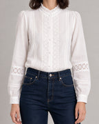 Lace-Trim Stand-Collar Blouse — White, model detail