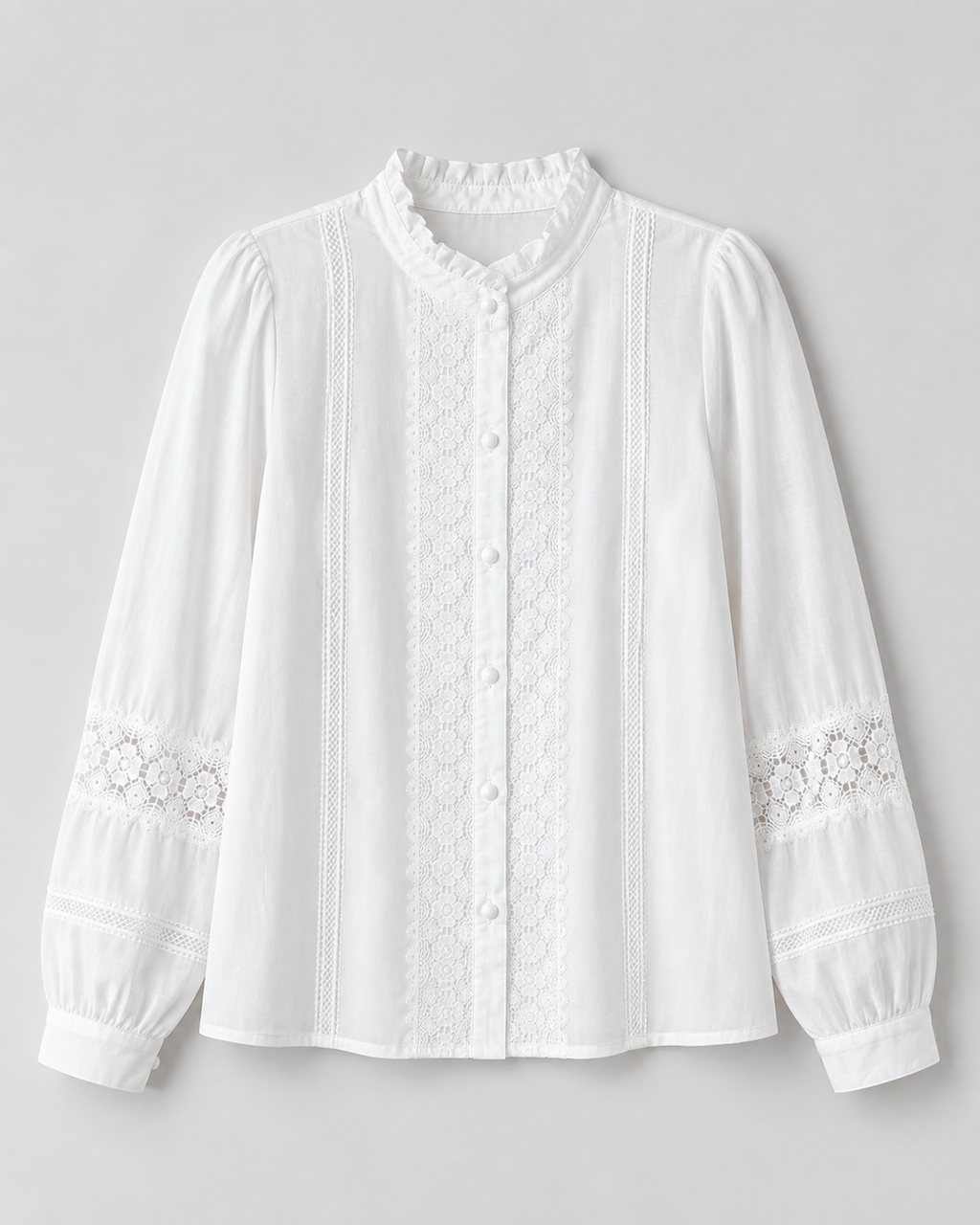 Lace-Trim Stand-Collar Blouse — White, product front
