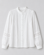 Lace-Trim Stand-Collar Blouse — White, product front