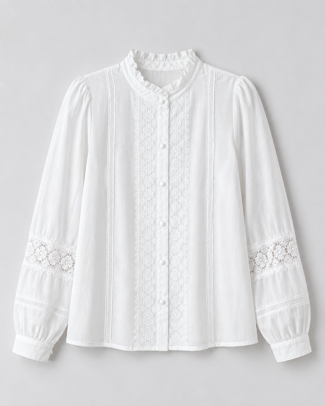 Lace-Trim Stand-Collar Blouse — White, product front